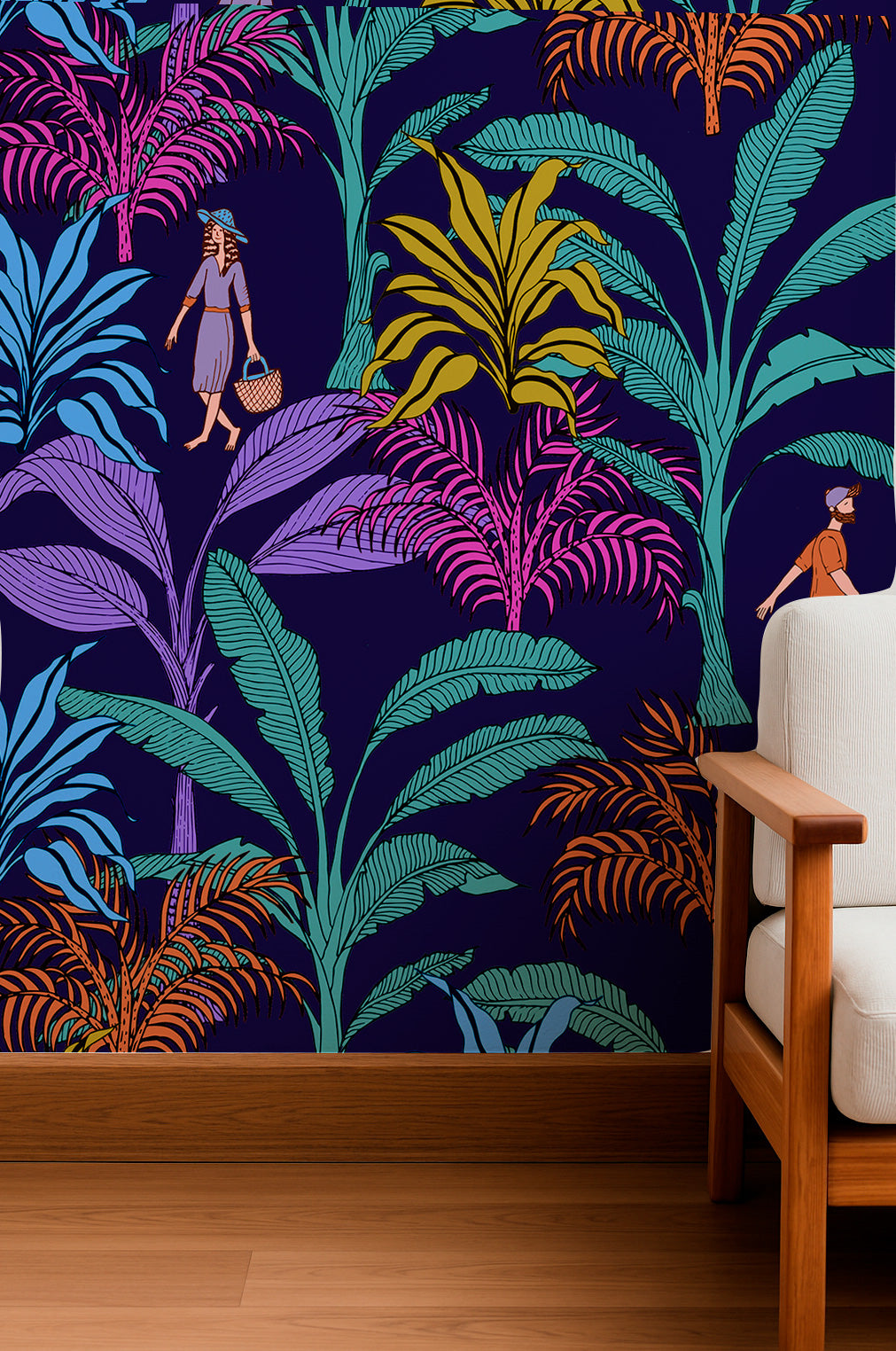 Follaje tropical con personajes que caminan