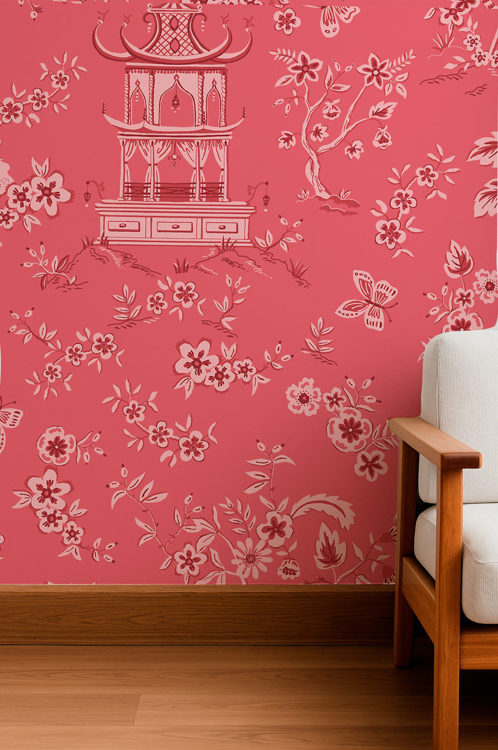 Toile de Jouy de pagoda en tonos rosas