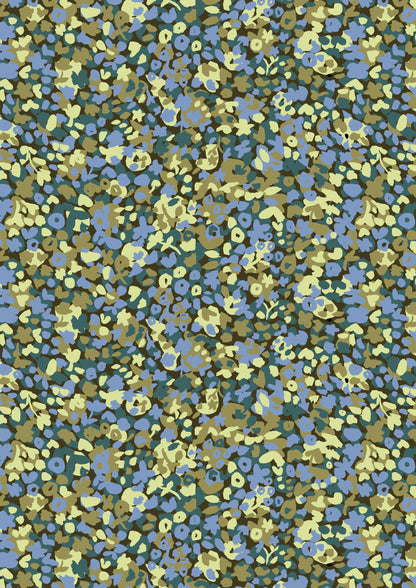 Pequeños motivos florales pintados en lila y oliva