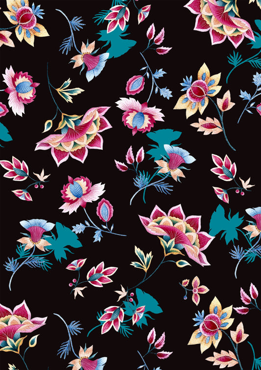 Vibrant Embroidered Flowers on Black