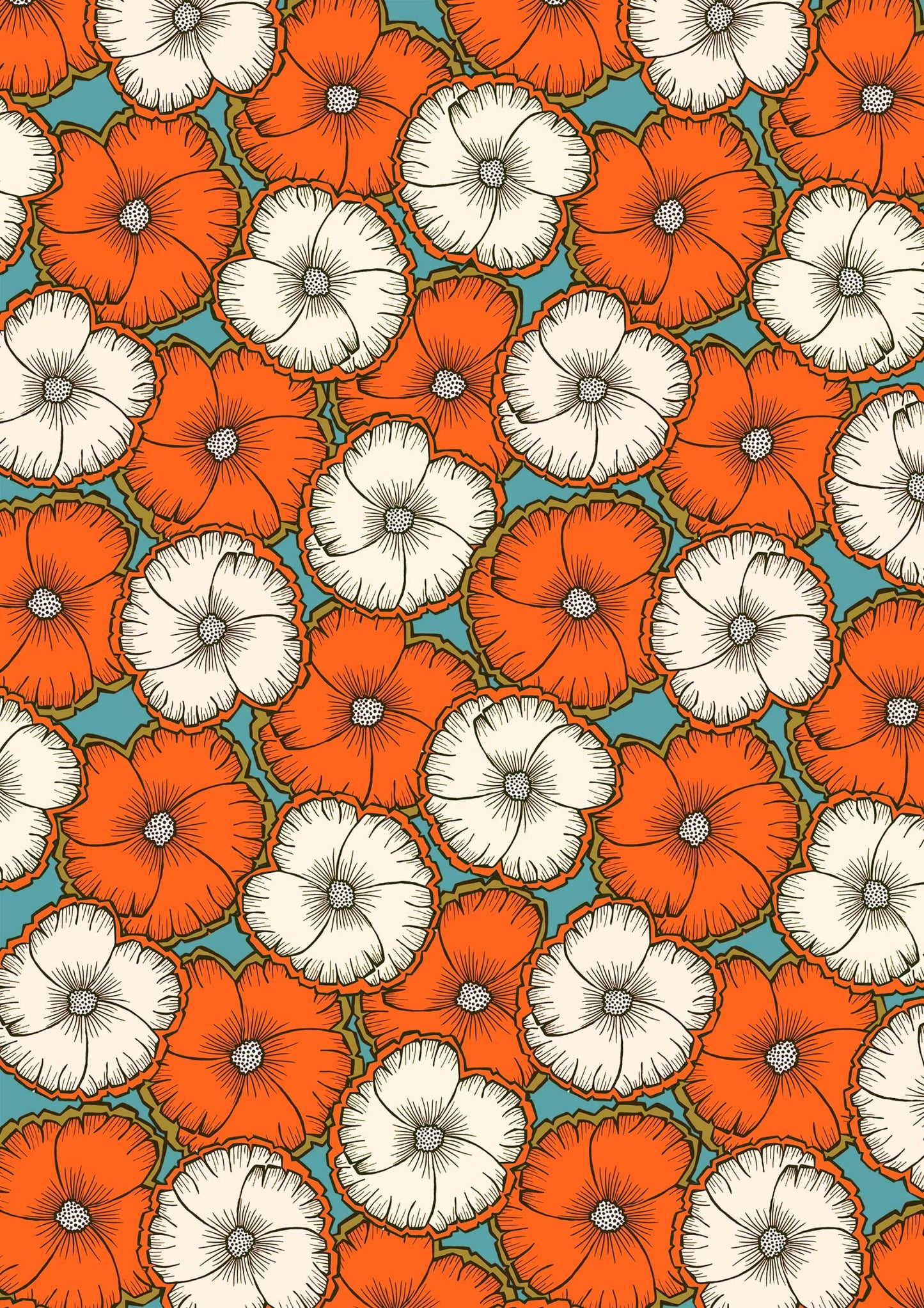 A bold floral pattern with orange and cream blossoms