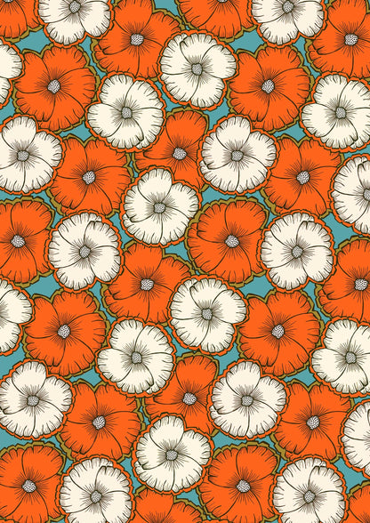 A bold floral pattern with orange and cream blossoms