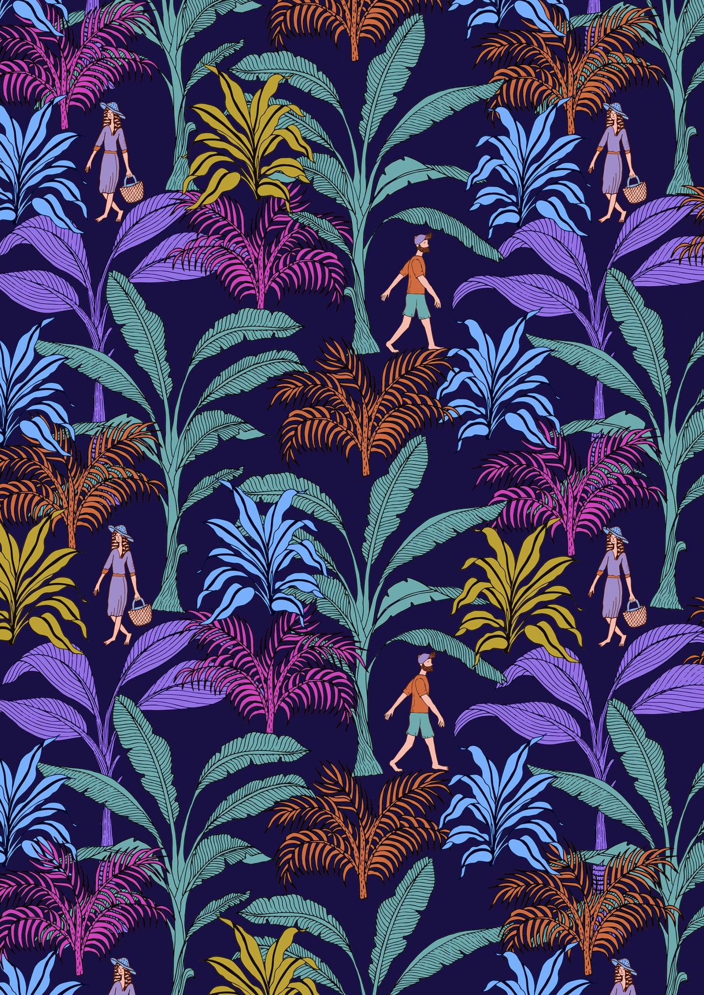 Follaje tropical con personajes que caminan