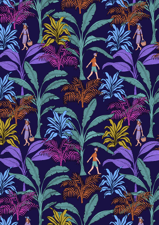 Tropical foliage with walking characters