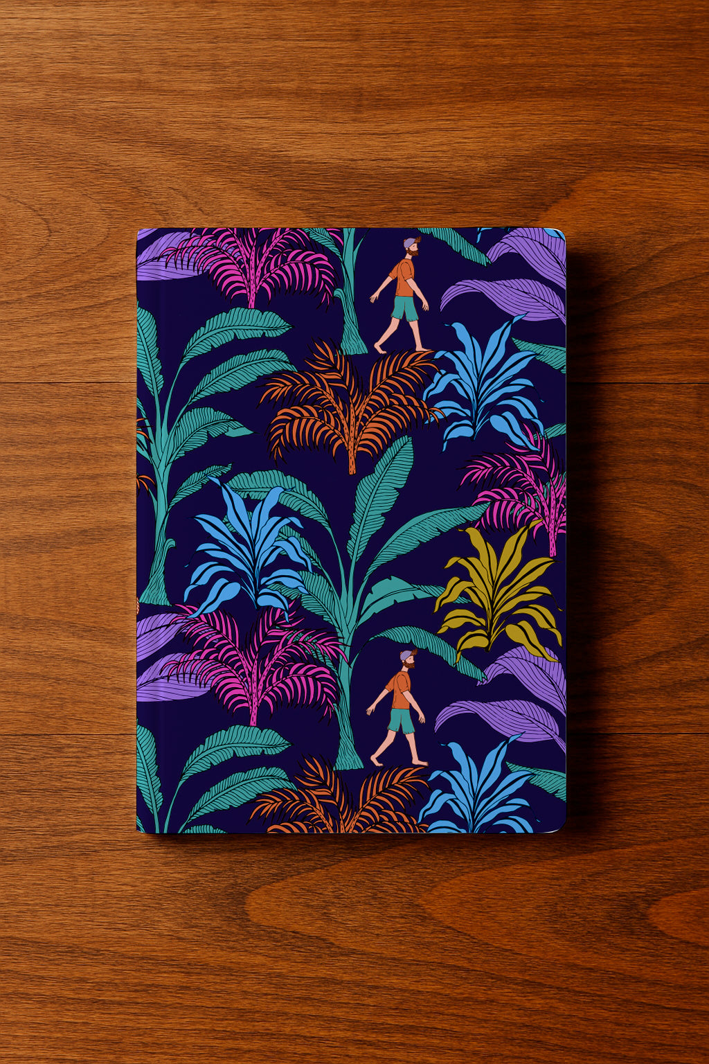 Follaje tropical con personajes que caminan