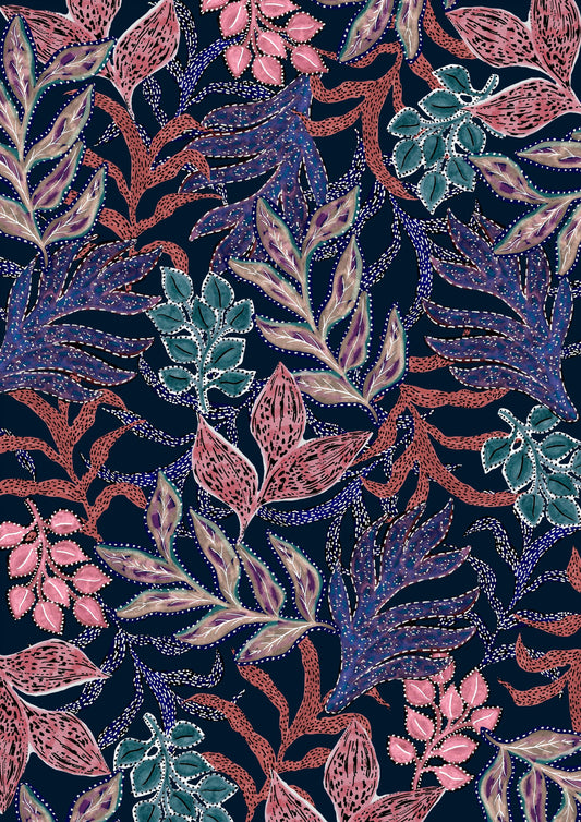 Night garden with watercolor foliage