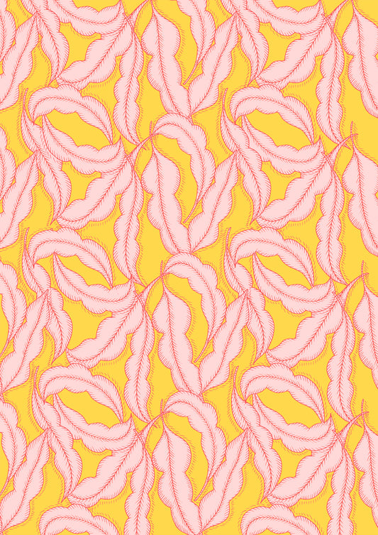 Pink feathers on yellow