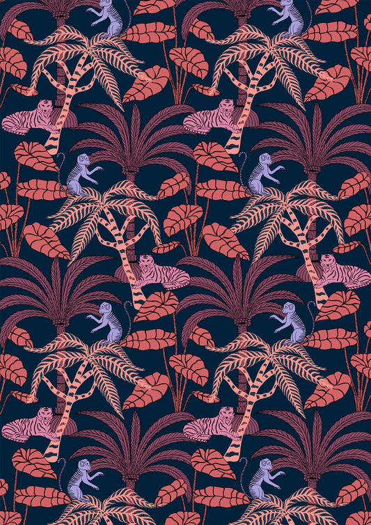 Tigers and monkeys in coral jungle