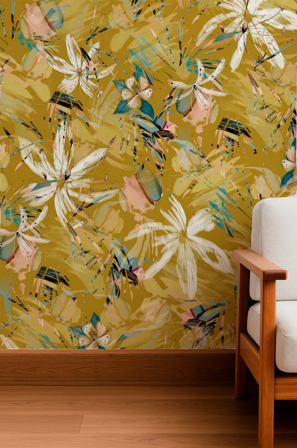 Pinceladas florales de color amarillo dorado