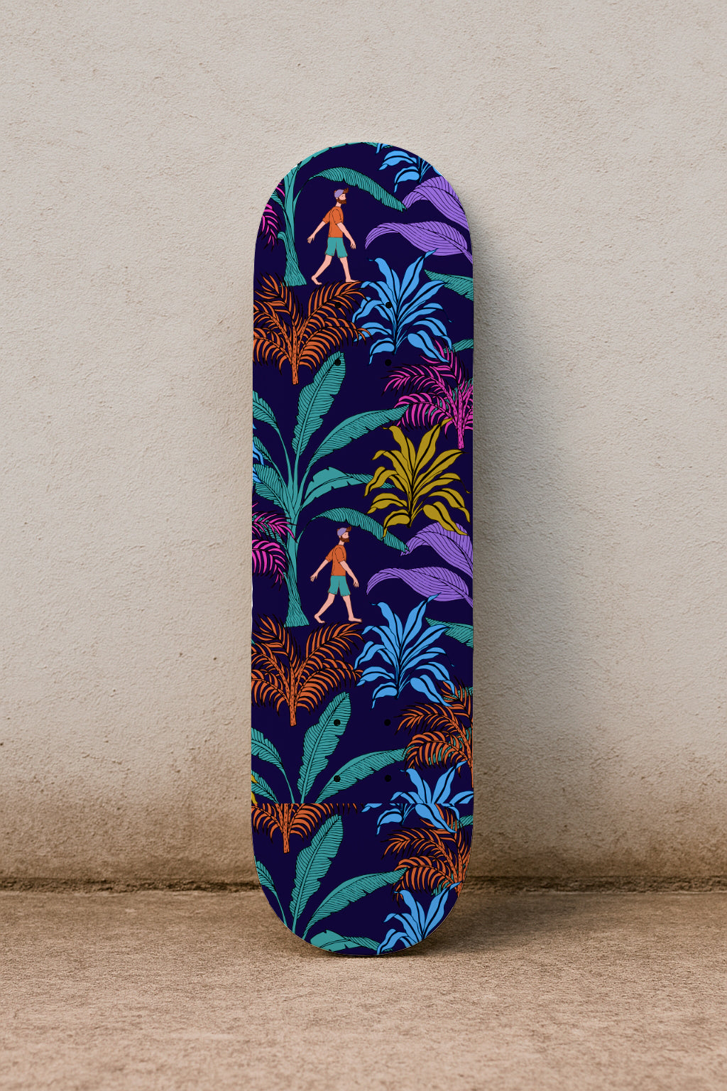 Follaje tropical con personajes que caminan