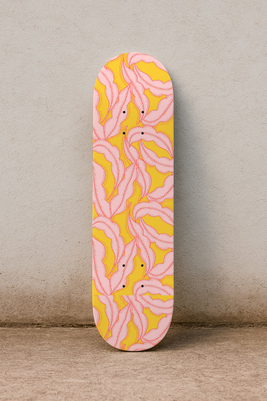 Pink feathers on yellow