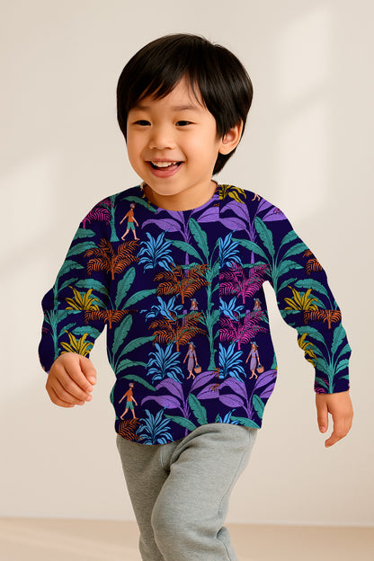 Follaje tropical con personajes que caminan