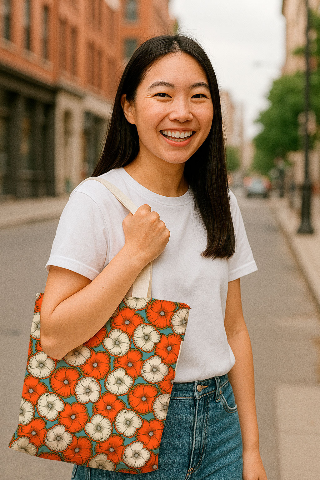 A bold floral pattern with orange and cream blossoms
