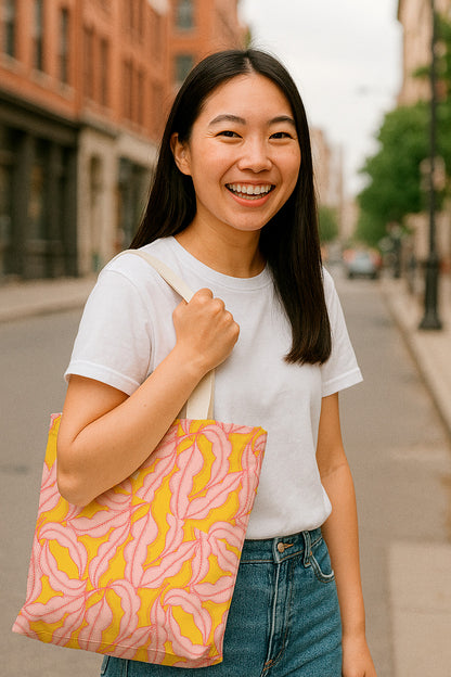 Pink feathers on yellow
