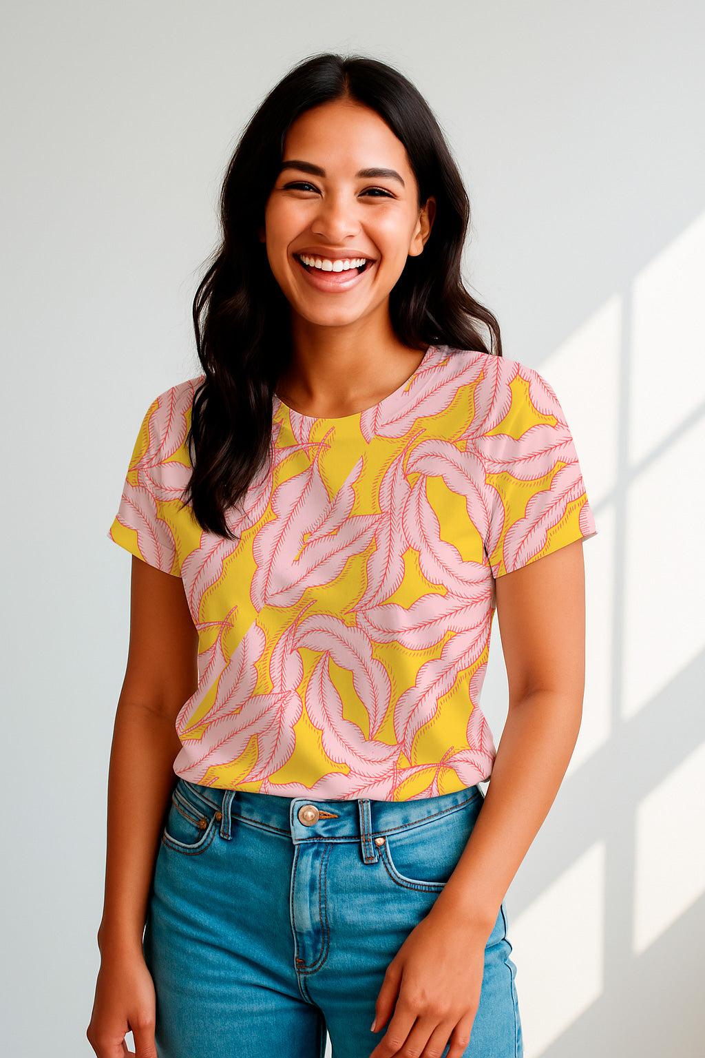 Pink feathers on yellow