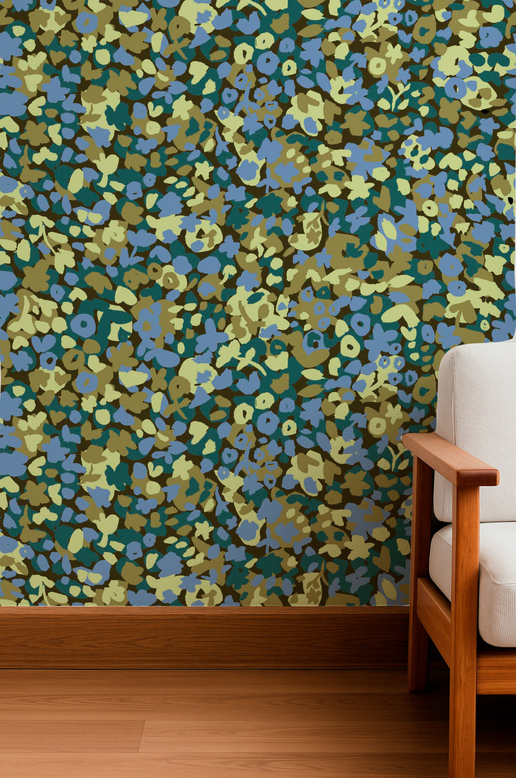 Pequeños motivos florales pintados en lila y oliva