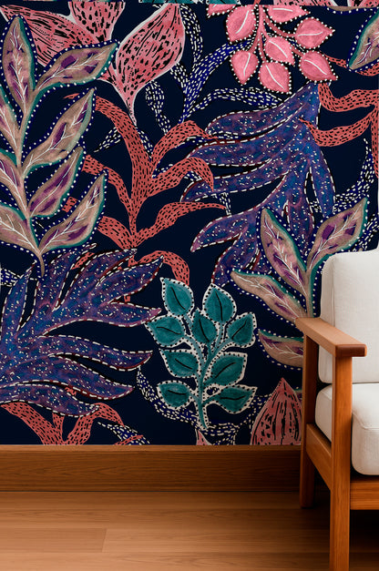 Jardín nocturno con follaje de acuarela