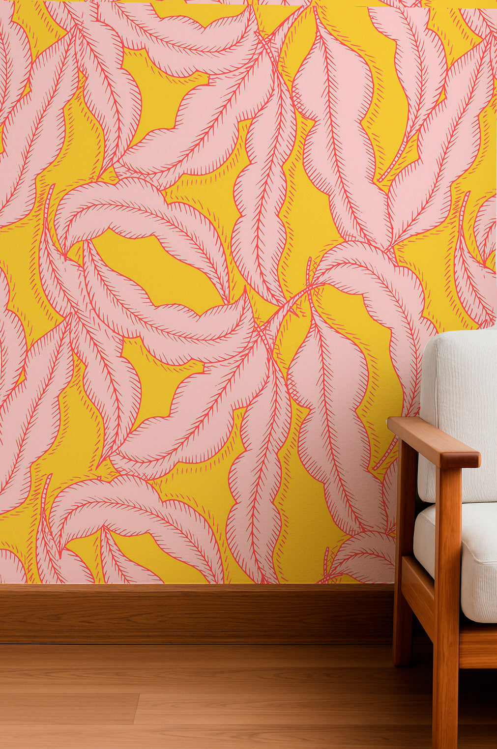 Pink feathers on yellow