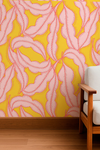 Pink feathers on yellow