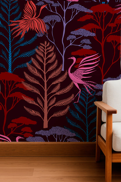 Aves en el bosque al atardecer