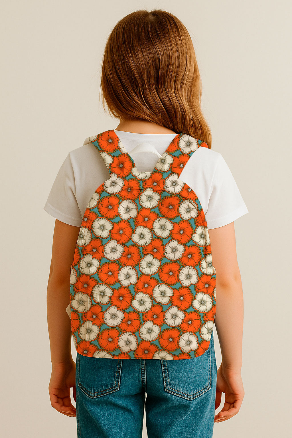 A bold floral pattern with orange and cream blossoms