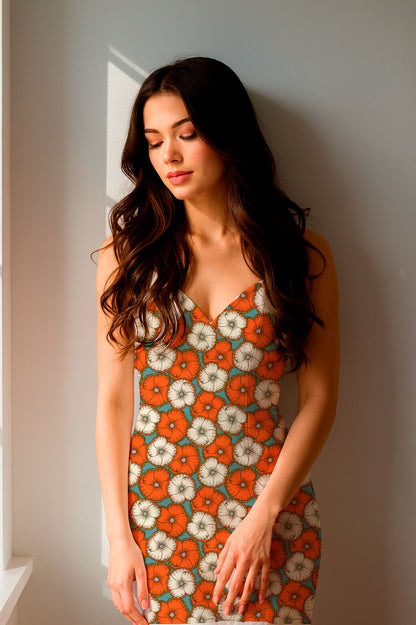 A bold floral pattern with orange and cream blossoms