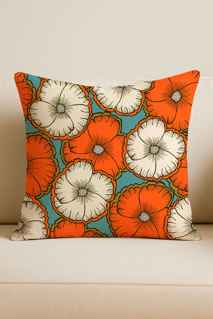 A bold floral pattern with orange and cream blossoms