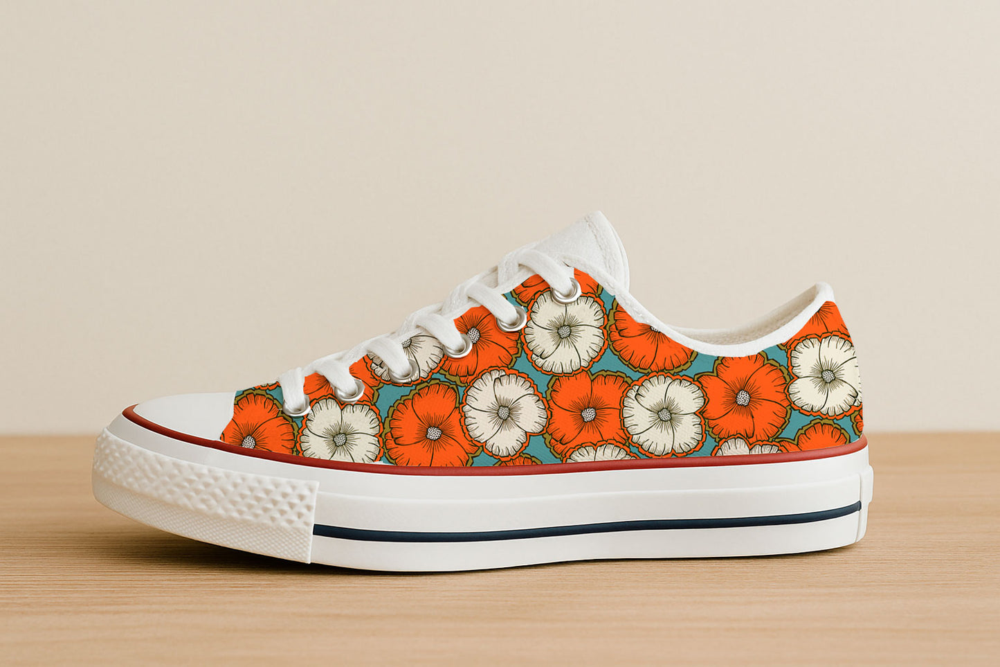 A bold floral pattern with orange and cream blossoms