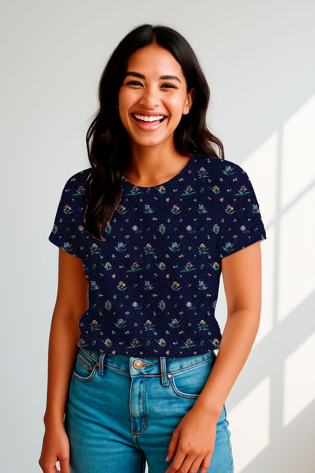 Delicate Floral Sprigs on Navy