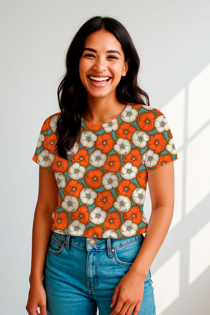 A bold floral pattern with orange and cream blossoms