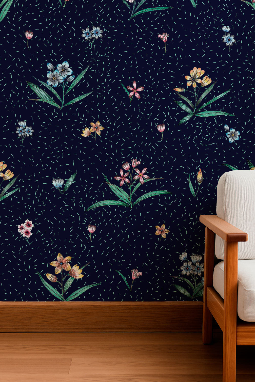 Delicate Floral Sprigs on Navy