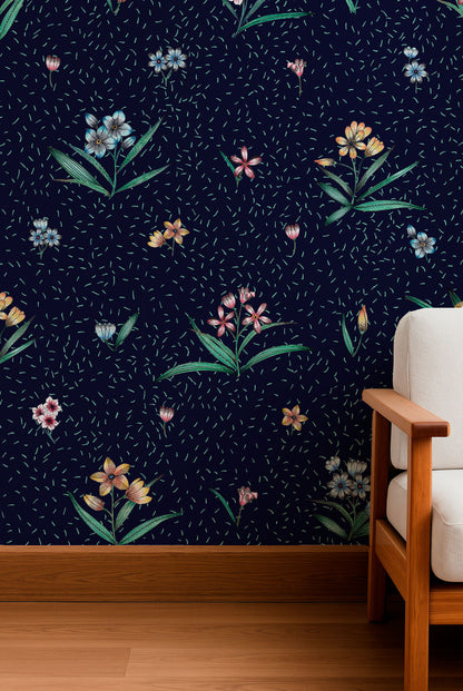 Delicate Floral Sprigs on Navy