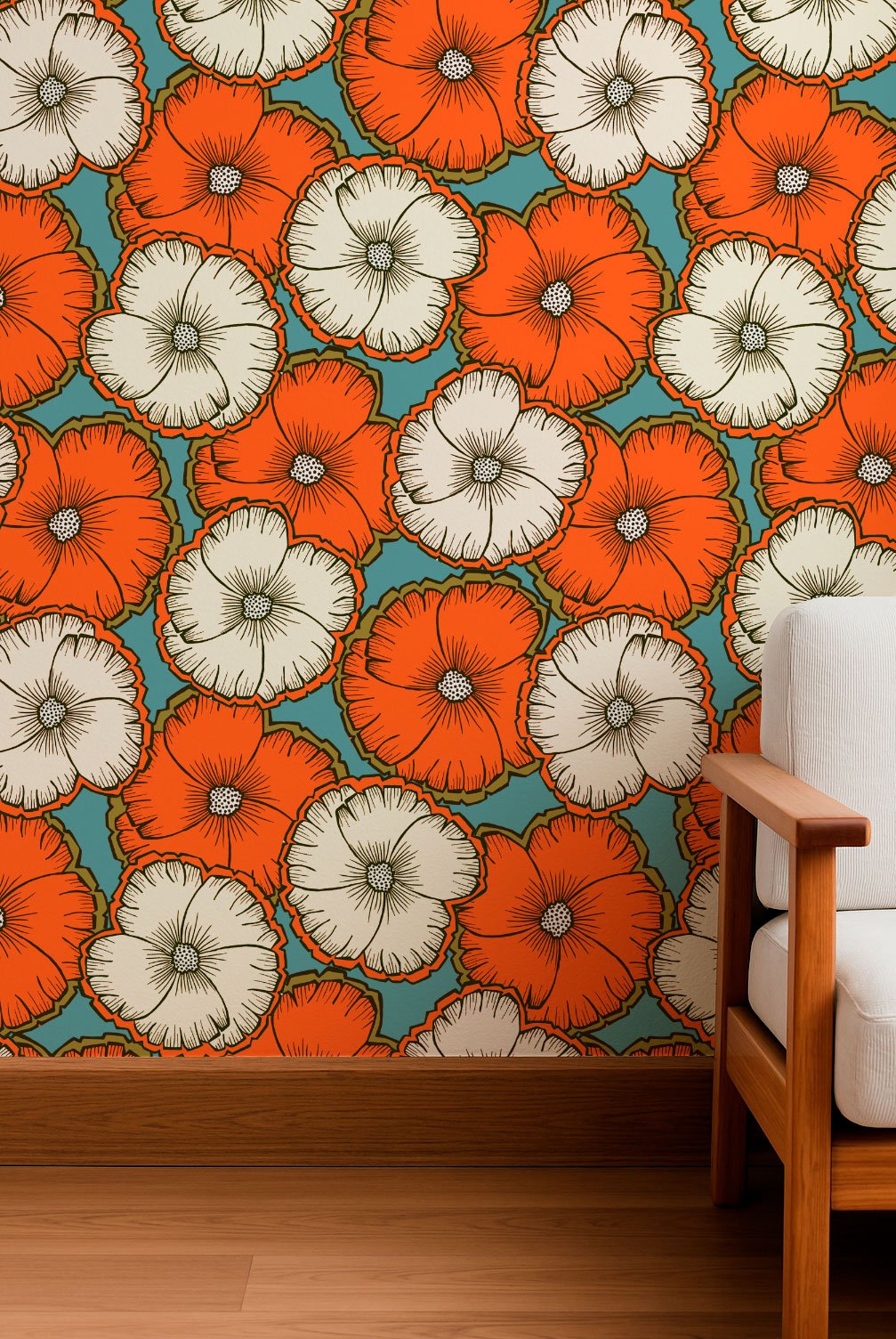 A bold floral pattern with orange and cream blossoms