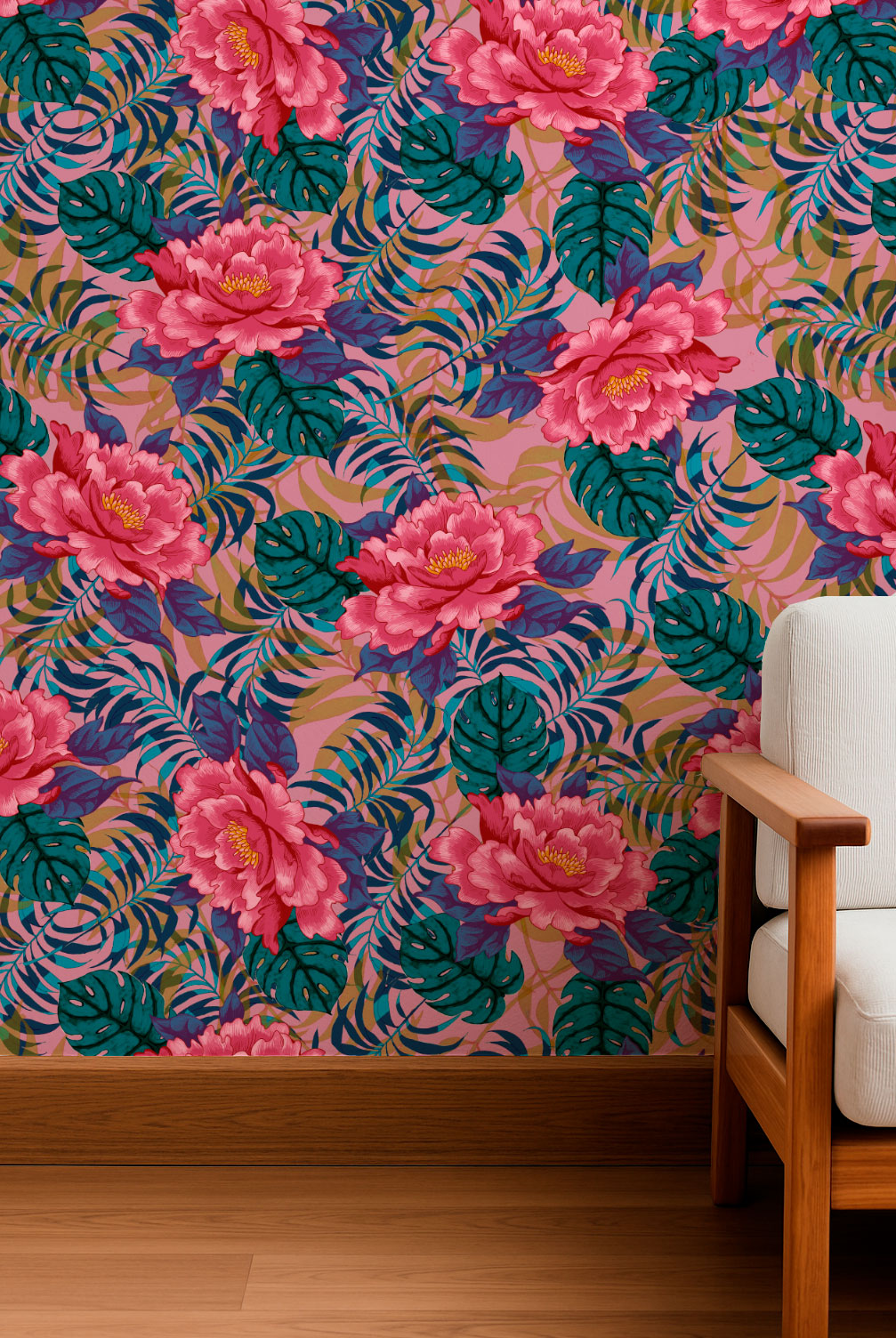 Peonías y helechos tropicales